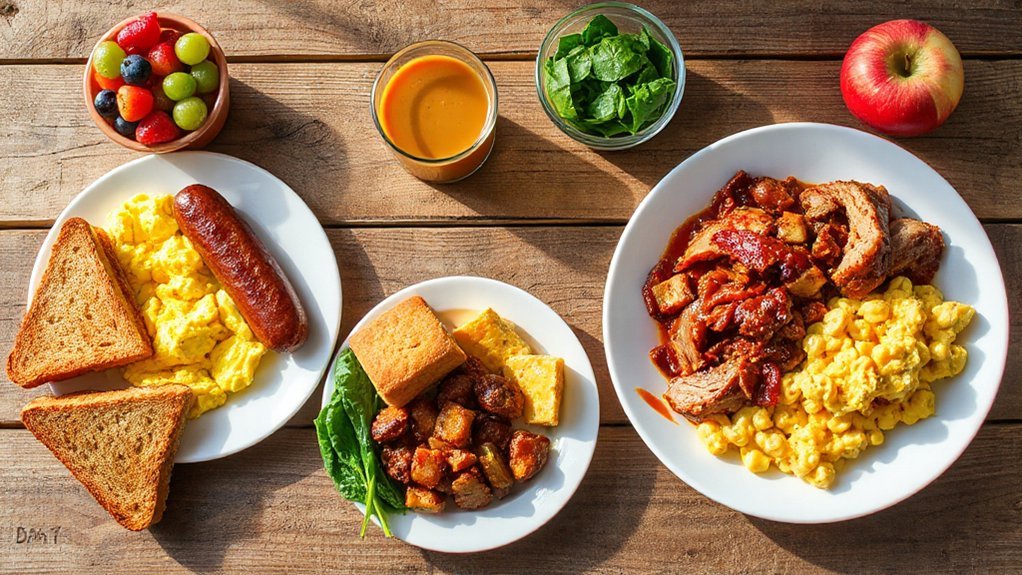 Including Shopping Listunc Chapel Hill–Style 7-Day Meal Plan Featuring a Week of Balanced, Campus-Friendly Meals Full of Carolina Flavor With Day 1 Including Scrambled Eggs, Turkey Sausage, Whole Wheat Toast, Fruit Cup, Grilled Chicken Sandwich, Side Salad With Vinaigrette, Baked Sweet Potato Fries, BBQ Pulled Pork, Mac and Cheese, Collard Greens, Cornbread, Carolina Trail Mix, Apple With Peanut Butter