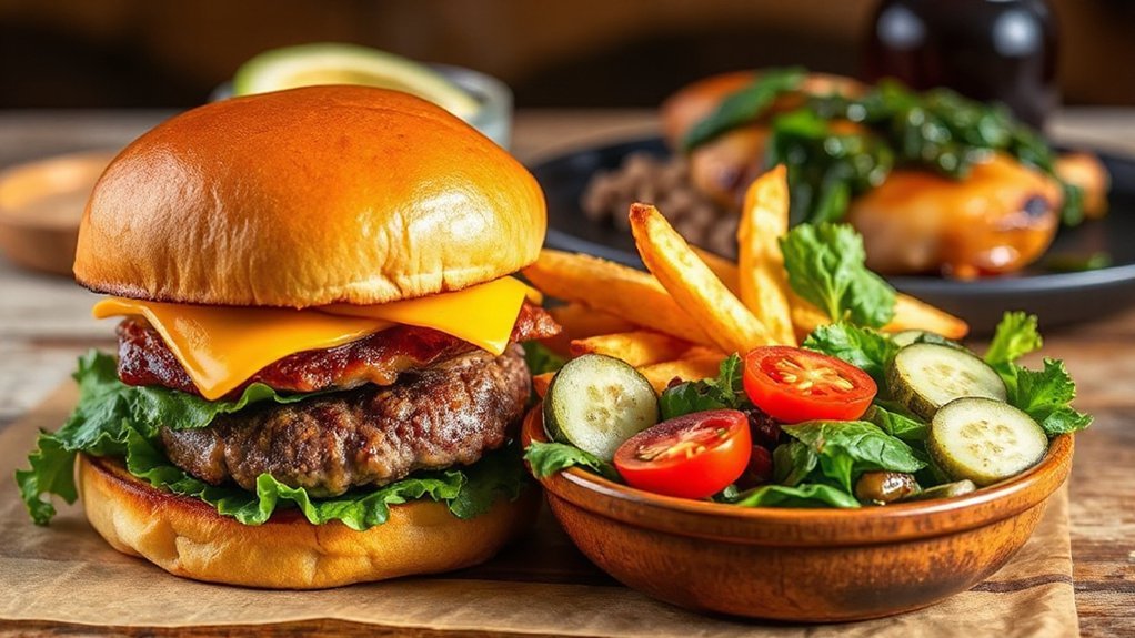 cheeseburger with fresh salad