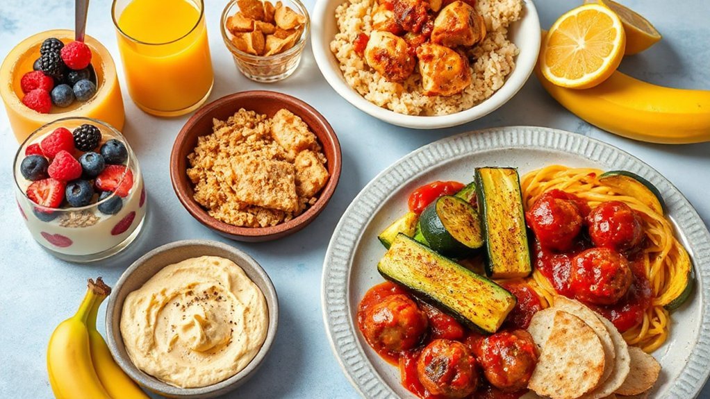 Day 2 Offering Greek Yogurt Parfait With Granola and Berries, Orange Juice, Teriyaki Rice Bowl With Chicken, Steamed Broccoli, Jasmine Rice, Pasta With Marinara and Meatballs, Roasted Zucchini, Garlic Bread, Hummus With Pita Chips, Banana