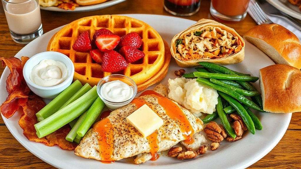 Day 6 Offering Belgian Waffle With Strawberries and Whipped Cream, Turkey Bacon, Buffalo Chicken Wrap With Celery and Ranch and Fruit Cup, Baked Tilapia, Mashed Potatoes, Steamed Green Beans, Dinner Roll, Mixed Nuts, Smoothie