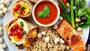 Day 3 Featuring a Breakfast Burrito With Eggs, Cheese, Salsa, Black Beans and Hash Browns, Turkey and Provolone Panini, Tomato Basil Soup, Pickles, Baked Salmon, Roasted Asparagus, Quinoa Pilaf, Side Salad, Popcorn, Protein Bar