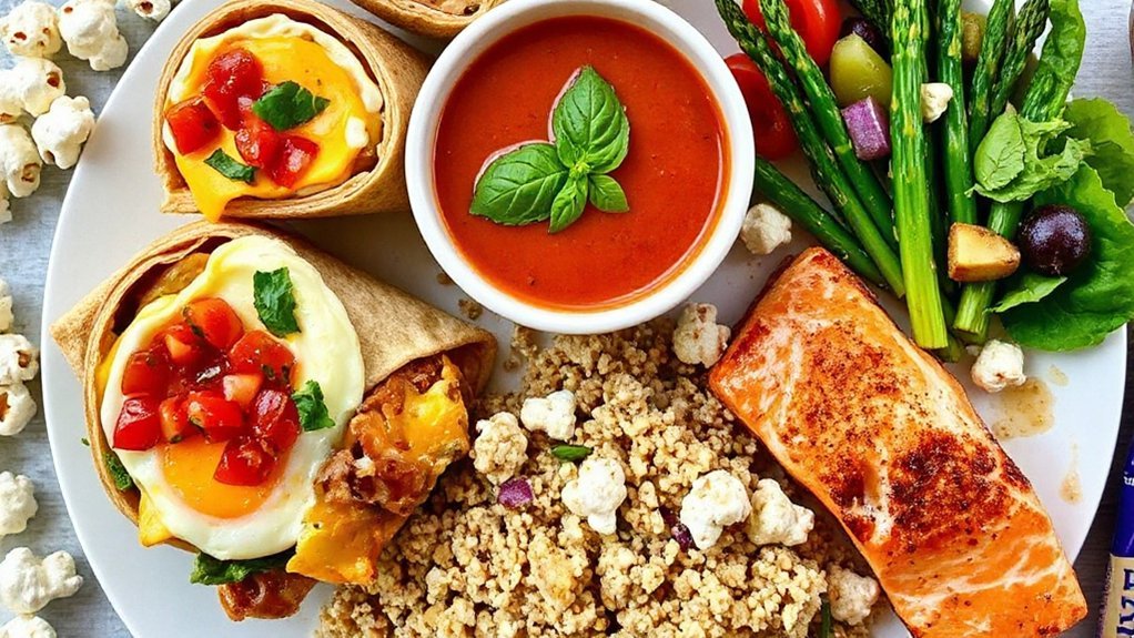 Day 3 Featuring a Breakfast Burrito With Eggs, Cheese, Salsa, Black Beans and Hash Browns, Turkey and Provolone Panini, Tomato Basil Soup, Pickles, Baked Salmon, Roasted Asparagus, Quinoa Pilaf, Side Salad, Popcorn, Protein Bar