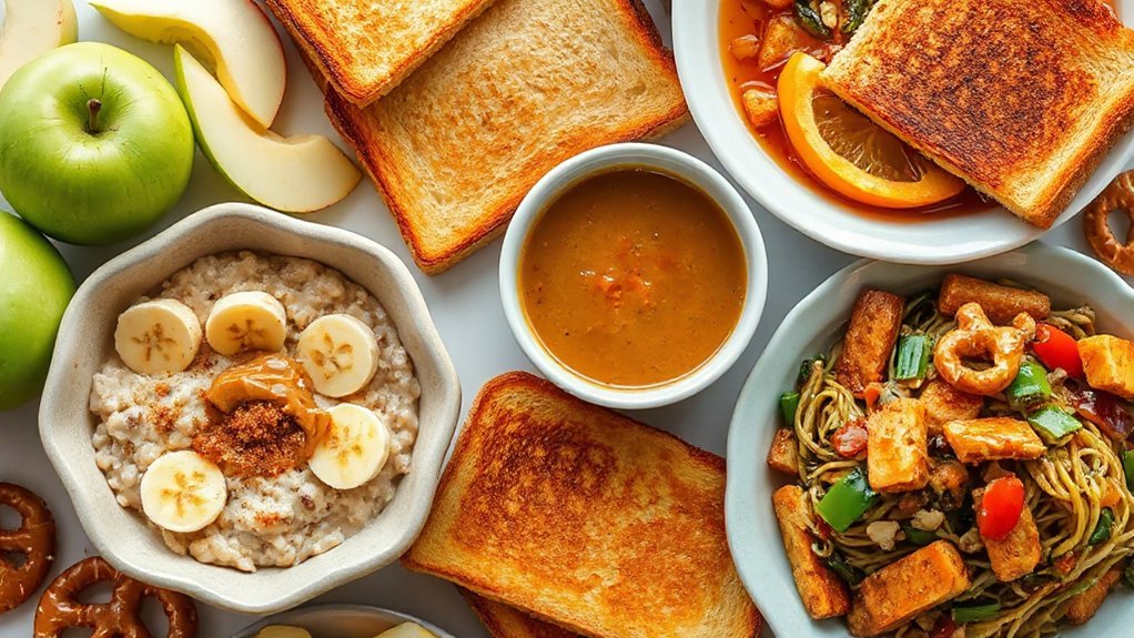 Day 5 Including Oatmeal With Brown Sugar, Banana, Almond Butter, Grilled Cheese Sandwich, Vegetable Soup, Apple Slices, Teriyaki Tofu Stir-Fry, Lo Mein Noodles, Stir-Fried Veggies, Pretzels, Trail Mix