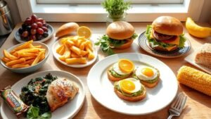 And Day 7 Finishing With Avocado Toast With Poached Eggs, Orange Slices, Cheeseburger, Side Salad, Oven-Baked Fries, Roasted Chicken, Wild Rice, Sautéed Spinach, Corn on the Cob, Granola Bar, and Grapes.