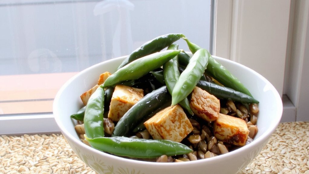 seared tofu snap pea stir fry